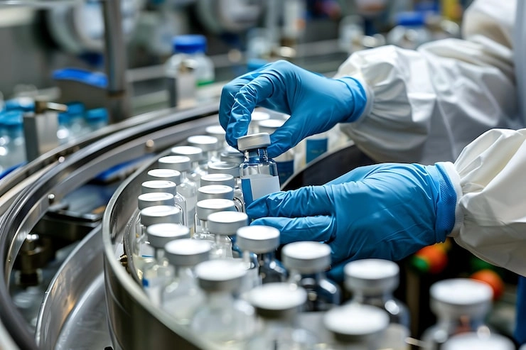 Worker handling vials on a pharmaceutical production line