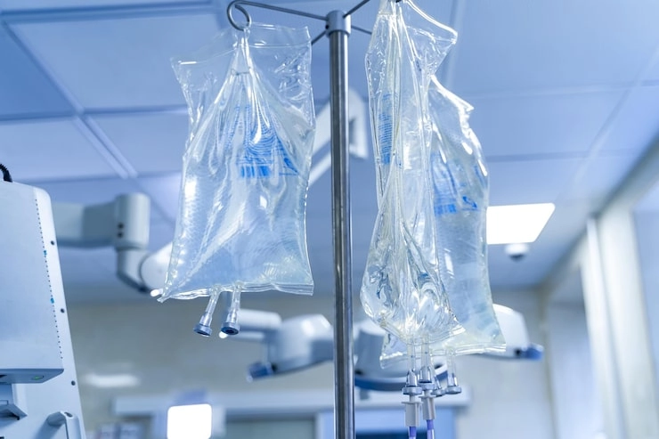 iv bags hanging on a stand in a hospital room