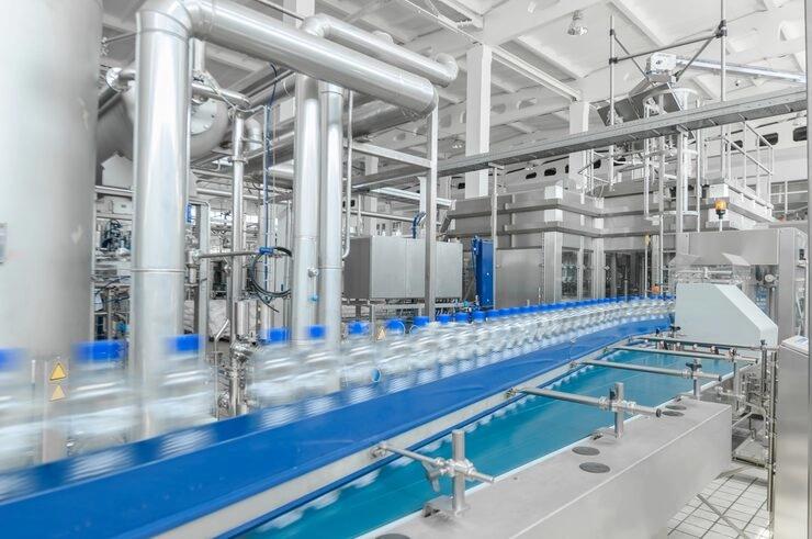 Bottled water production line in a modern beverage factory