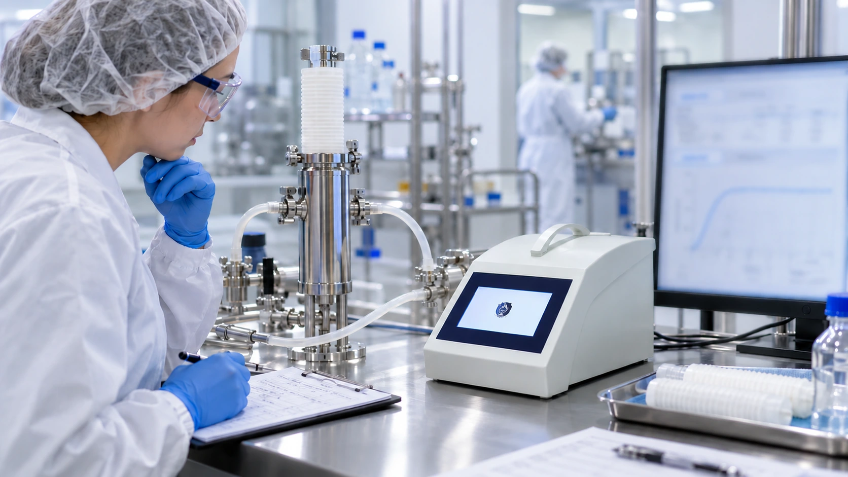 MedIntegrity V6.5 filter integrity tester in a pharmaceutical filter testing setup
