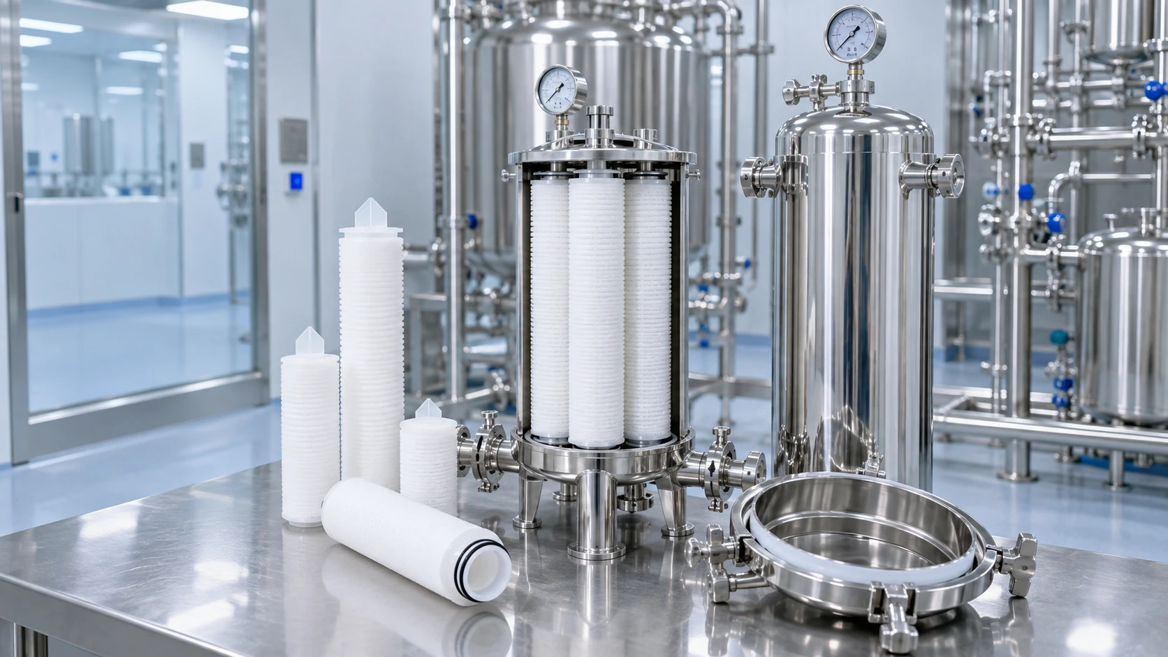 Pharmaceutical filter housing with multiple filter cartridges in a sterile processing environment