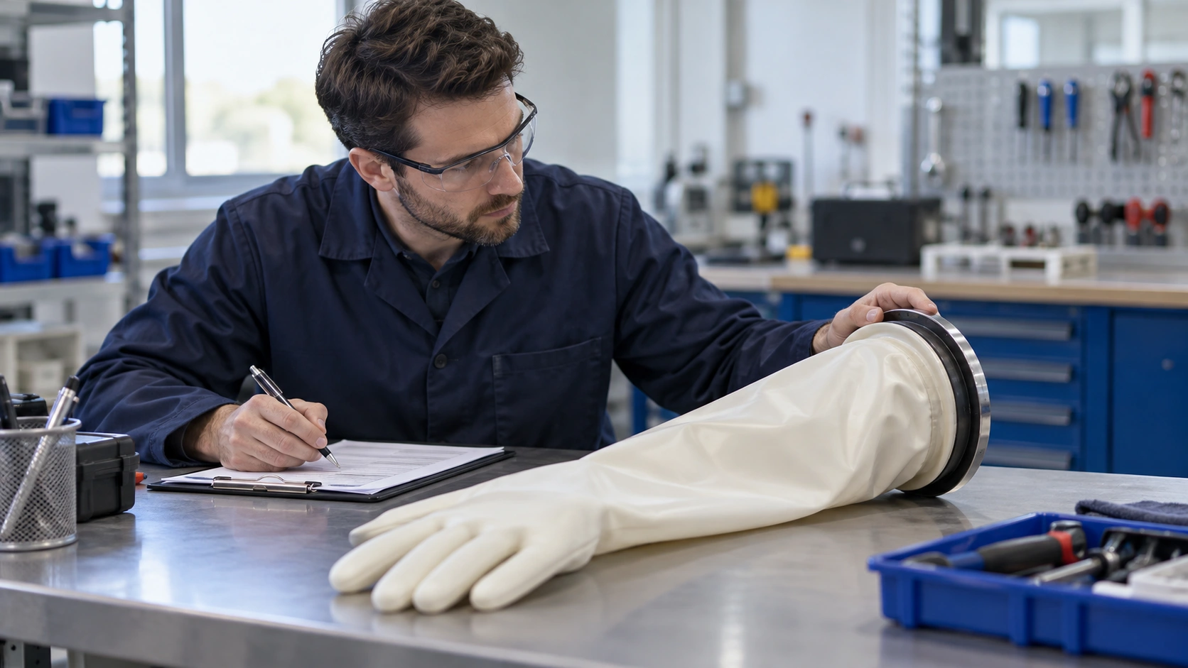 Technician examining a long-sleeve glove assembly and recording observations at a workbench
