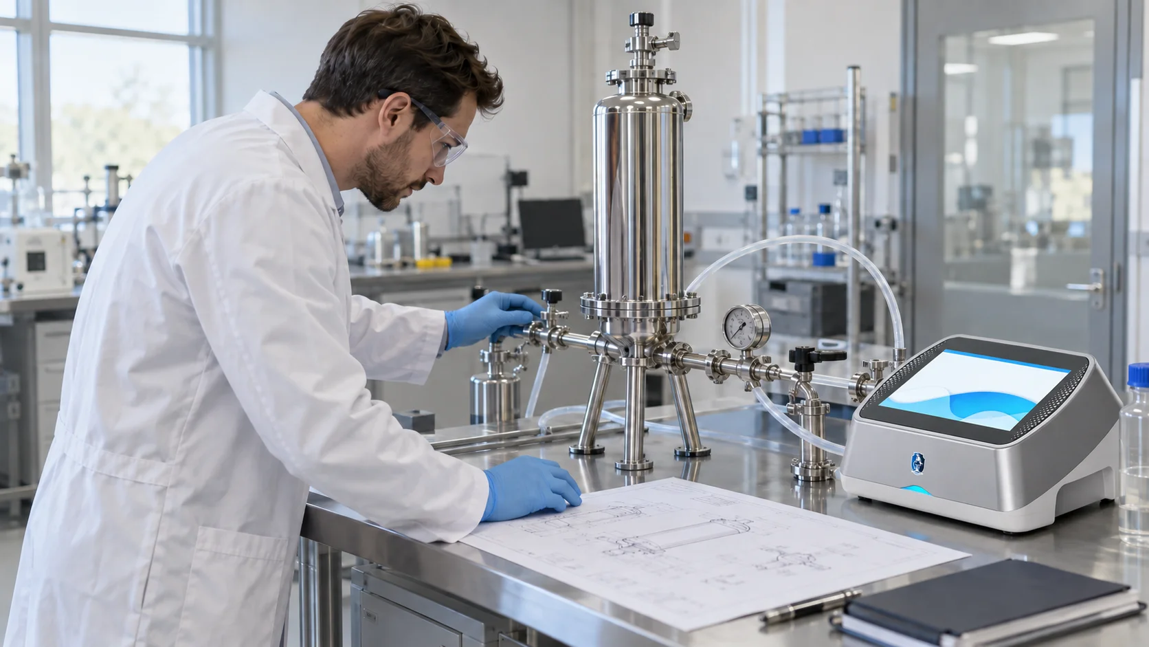 review a pharmaceutical filter assembly beside a Medintegrity V10 filter integrity tester