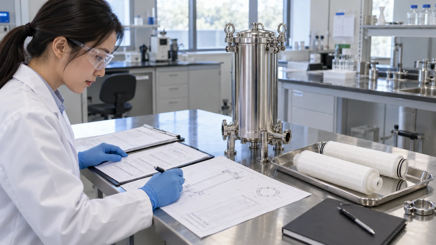 review filter assembly drawings beside a stainless-steel housing and filter cartridges